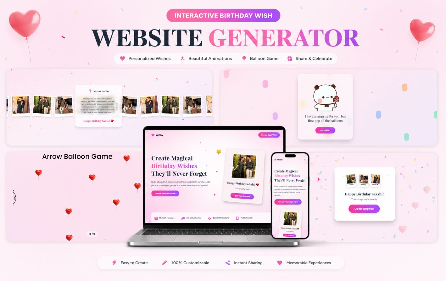 Instant Interactive Birthday Wish Website Generator | Personalized Birthday Surprise Website with Photos, Custom Letter, Balloon Shooting Game, Live Editable & Instant Shareable URL