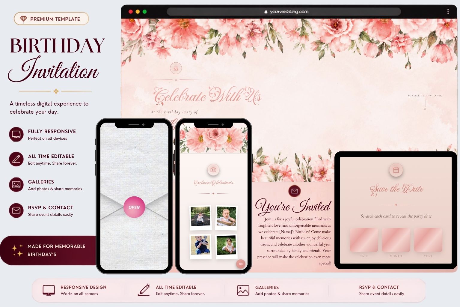 Instant Pink Floral Birthday Invitation Website | Elegant Digital Birthday Celebration Template with Photo Gallery, Save the Date & RSVP Features
