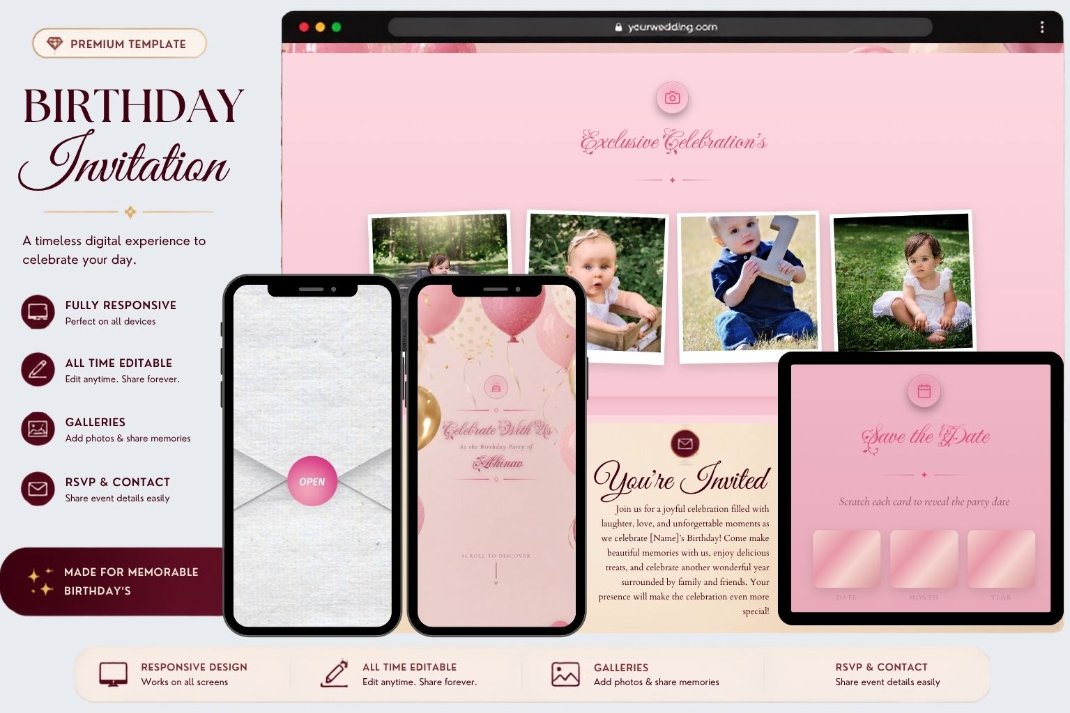 Instant Pink Birthday Invitation Website | Elegant Birthday Celebration Template with Photo Gallery, Save the Date, RSVP & Contact Features