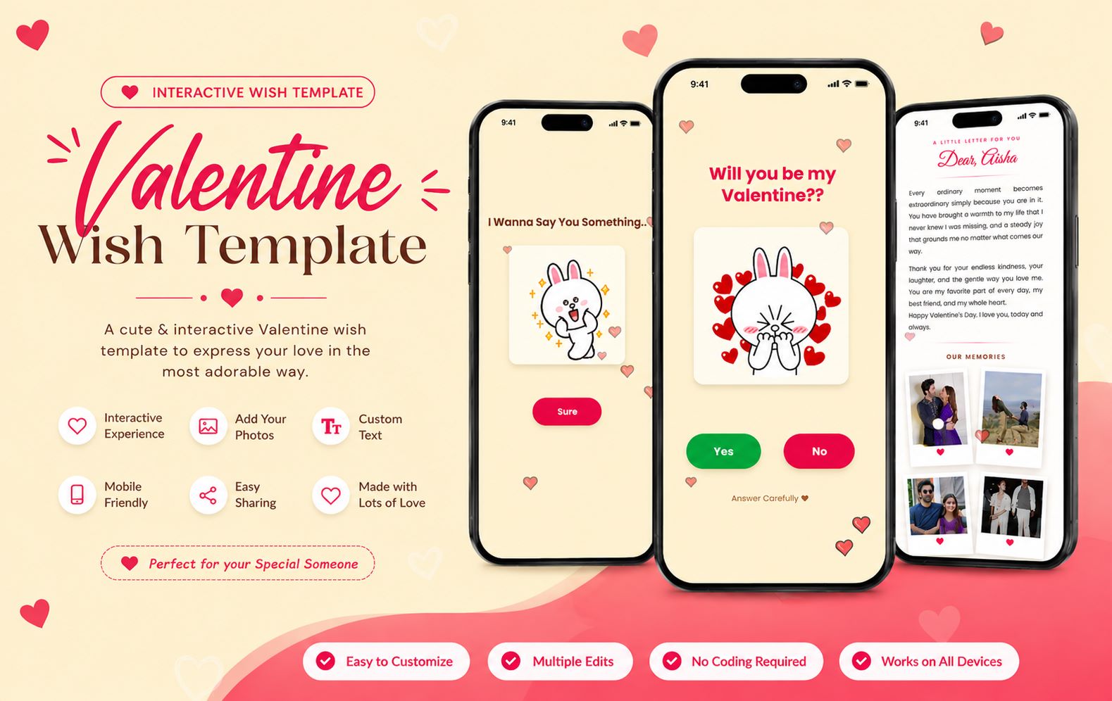 Instant Cream & Pink Valentine Wish Website | Cute Romantic Interactive Template with Heart Decorations, Love Messages, Photos & Sharing