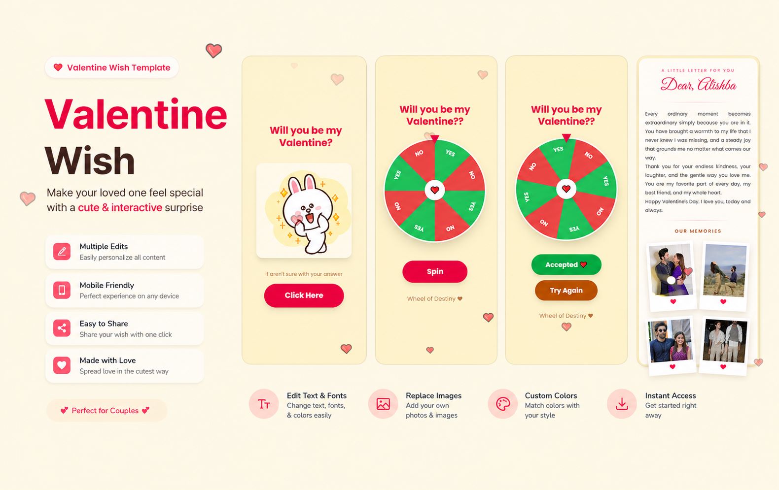 Instant Valentine’s Day Wish Website | Cute Interactive Love Surprise Template with Spin-the-Wheel, Love Letter, Photo Memories & More