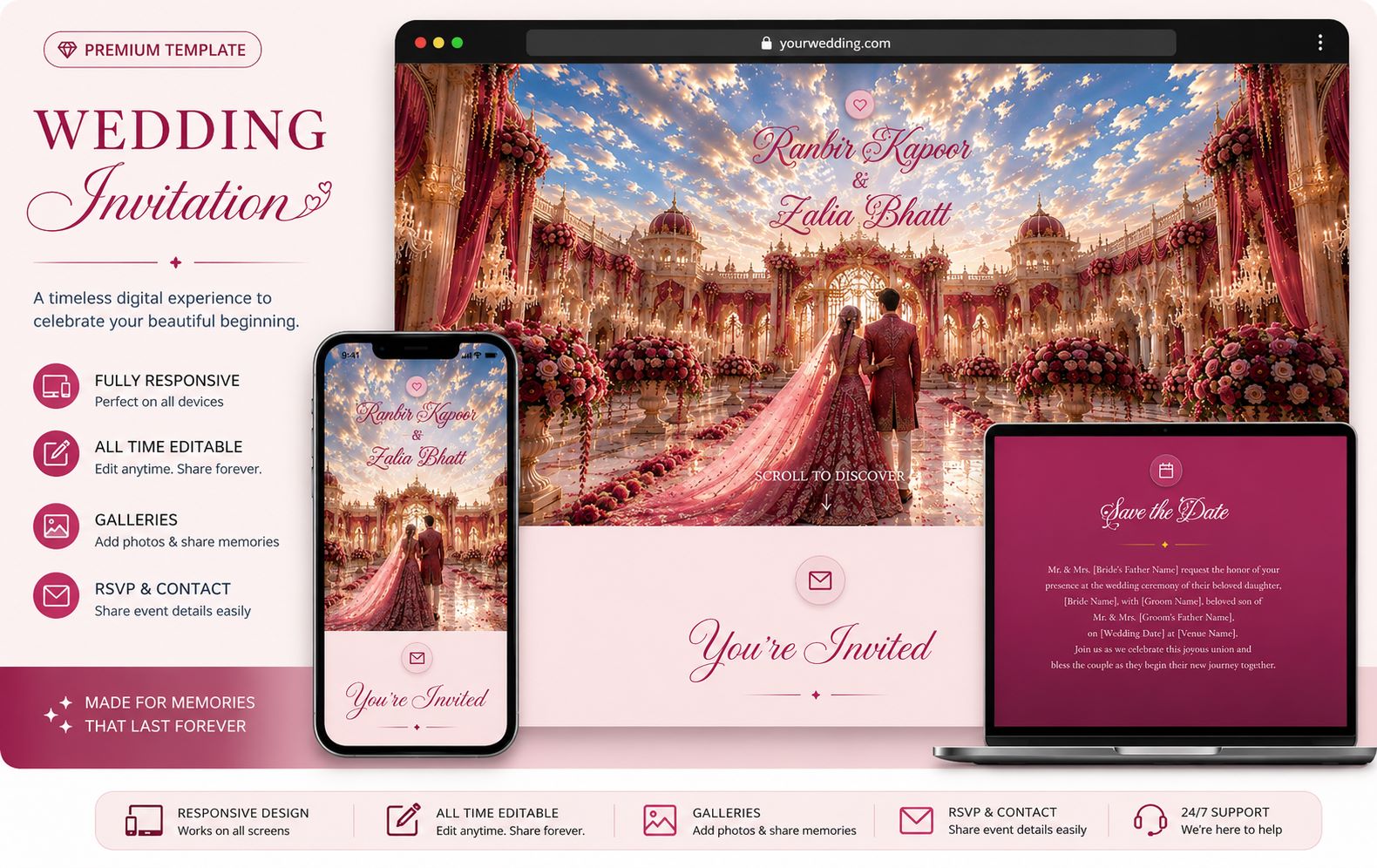 Instant Romantic Pink & Burgundy Wedding Invitation Website Template with Floral Decor, Photo Galleries, RSVPs & Digital Memories Vibe.