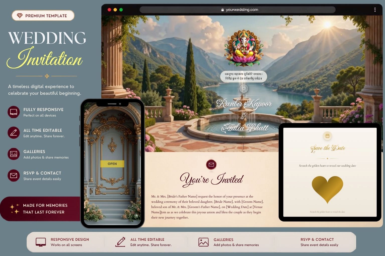 Instant Elegant Blue & Gold Hindu Wedding Invitation Website Template with Floral Decor, Ganesh Blessings, RSVPs & Photo Galleries Vibe.