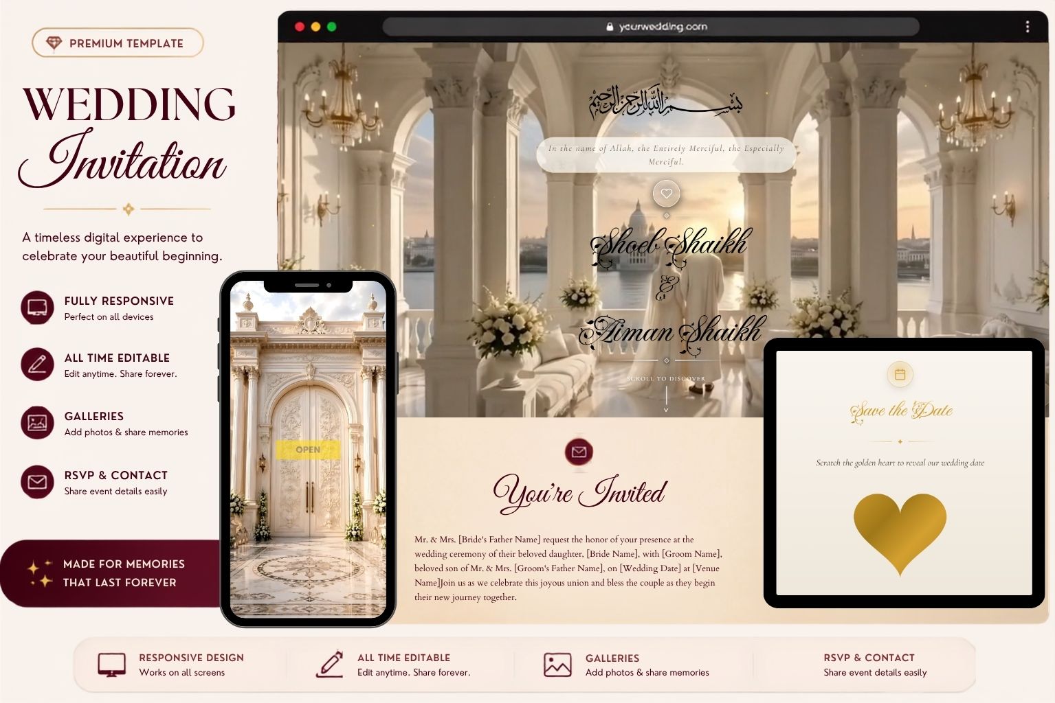 Instant Elegant Cream & Gold Islamic Wedding Invitation Website Template with Floral Decor, Arabic Calligraphy, RSVPs & Photo Galleries