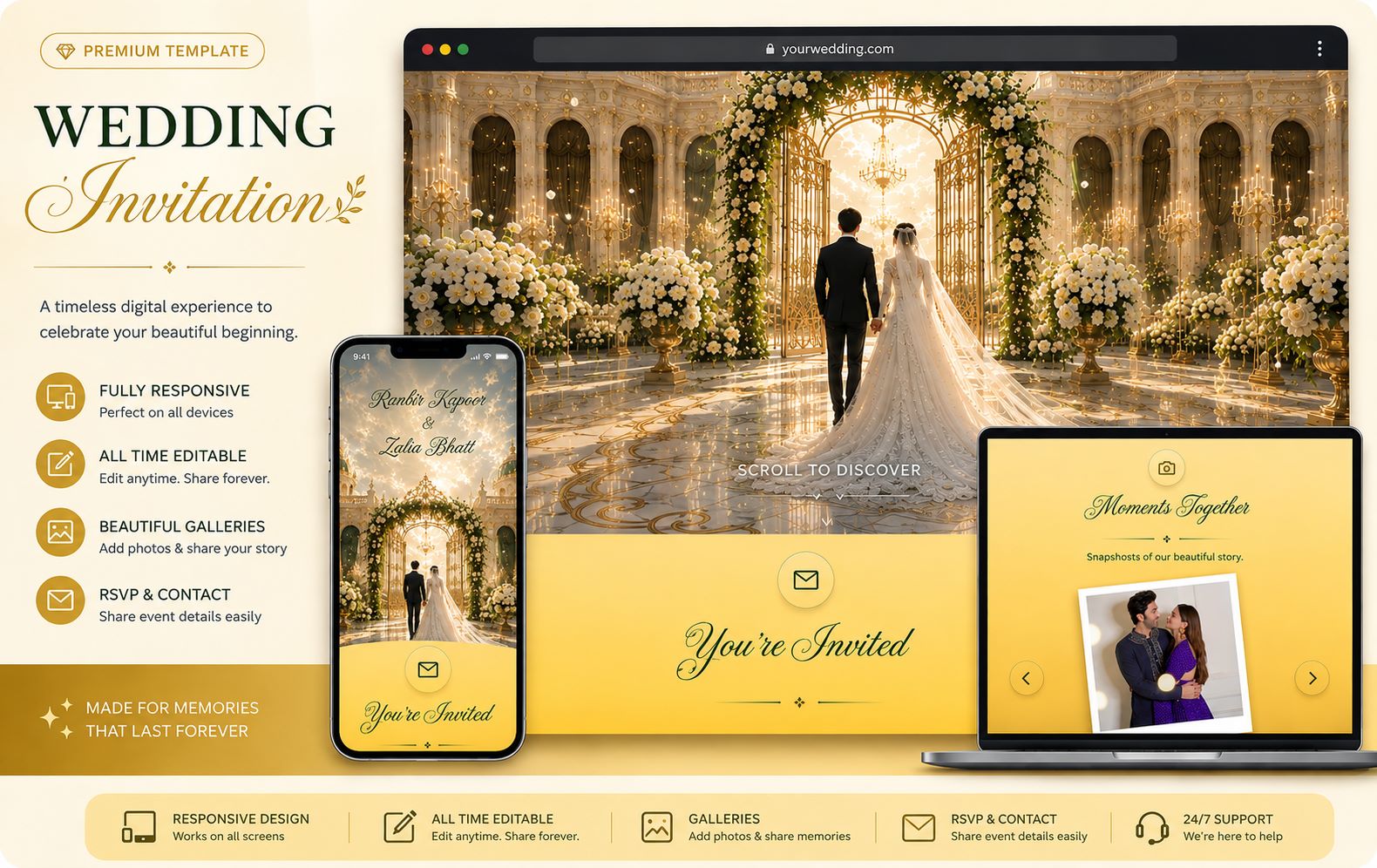 Instant Luxury Golden Wedding Invitation Website Template with Floral Decoration, Responsive Design, Photo Galleries, RSVPs & Digital Memories.