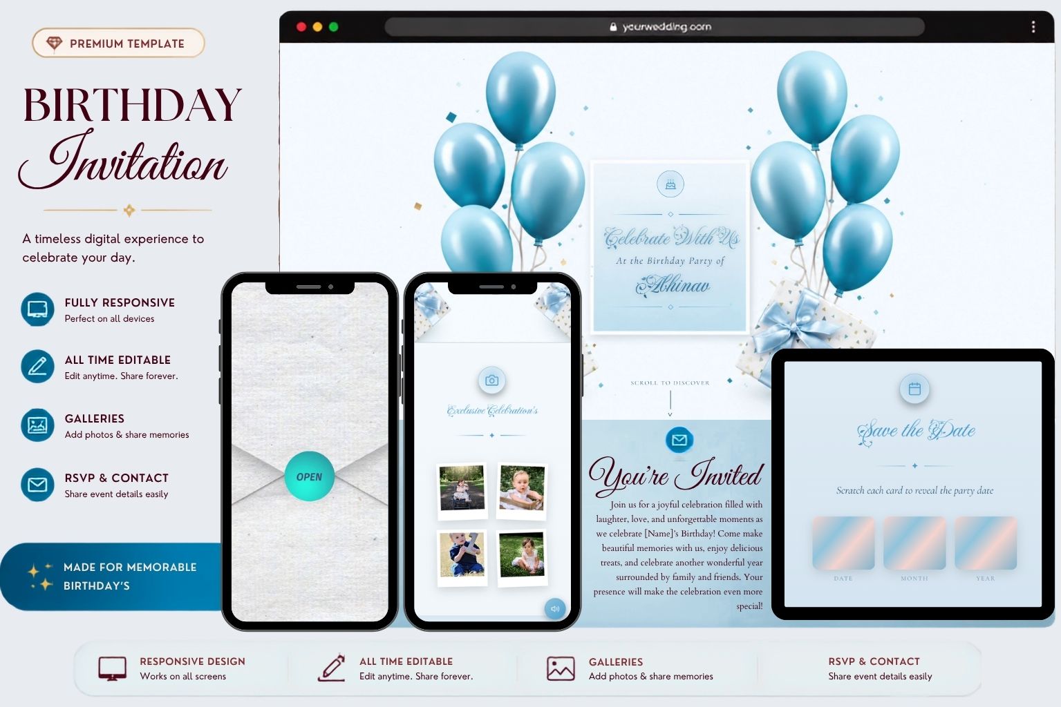 Instant Blue Birthday Invitation Website | Elegant Digital Birthday Celebration Template with Photo Gallery, Save the Date & RSVP Features