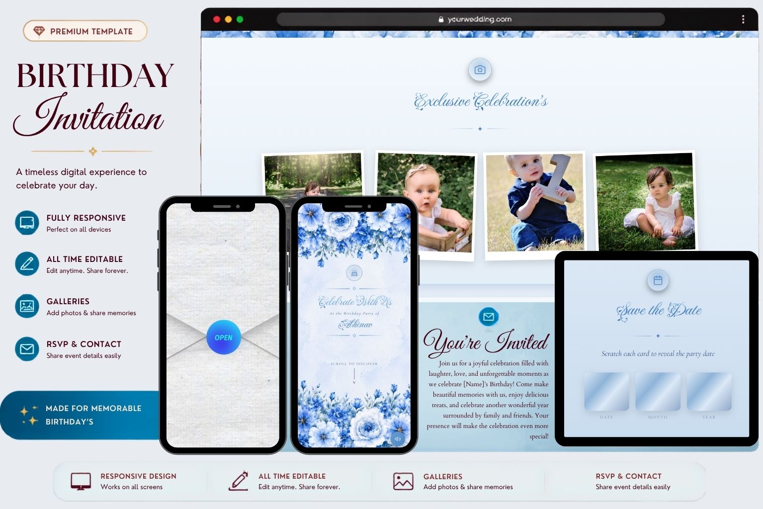 Instant Blue Floral Birthday Invitation Website | Elegant Digital Birthday Celebration Template with Photo Gallery, Save the Date & RSVP Features