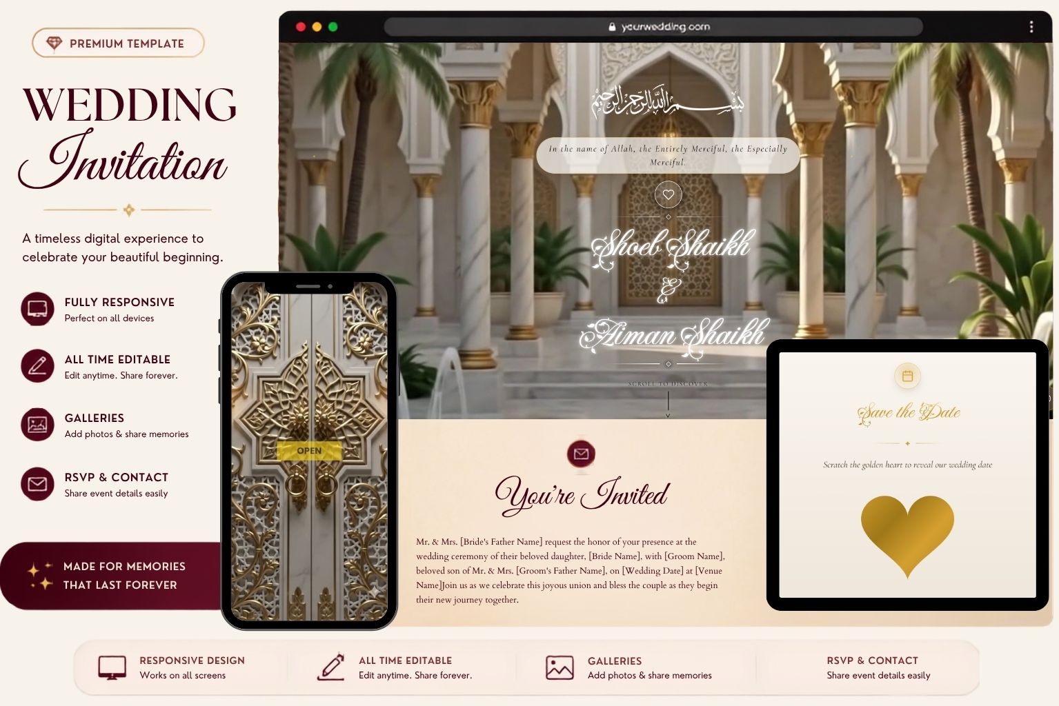 Instant Burgundy, Cream & Gold Muslim Wedding Invitation Website | Luxury Islamic Nikah Ceremony Template with Elegant Royal Palace Theme