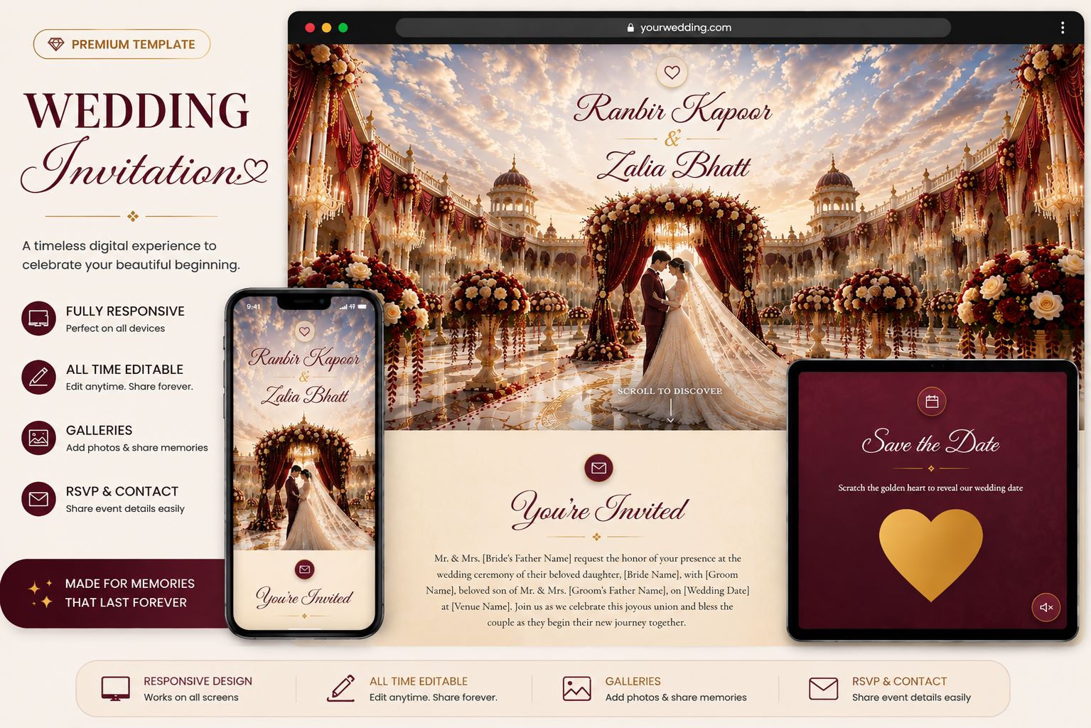 Instant Royal Burgundy & Gold Wedding Invitation Website Template with Grand Floral Decor, Palace Theme, Photo Galleries, RSVPs & Memories