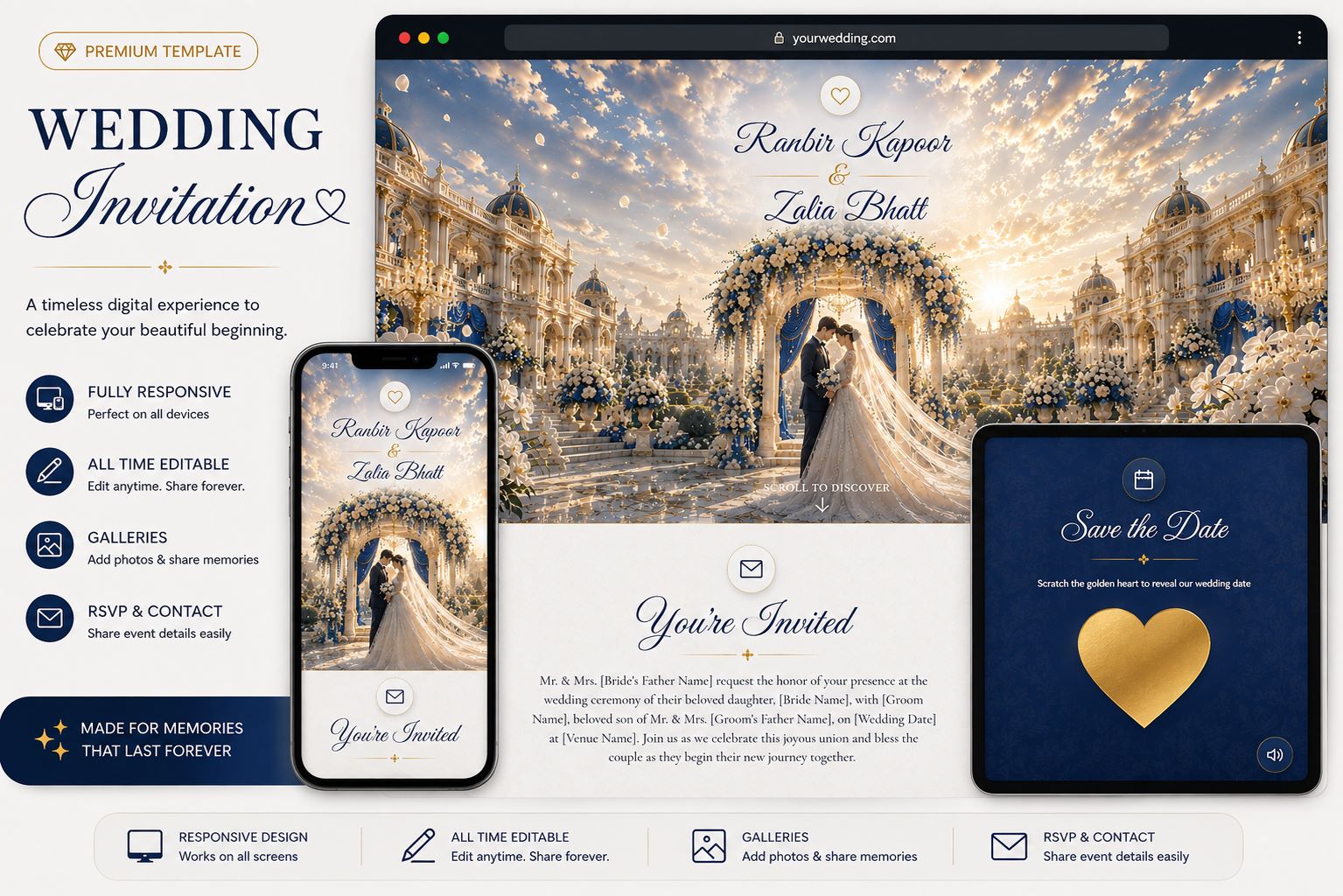 Instant Royal Blue & Gold Wedding Invitation Website Template with Grand Palace Decor, Floral Design, Photo Galleries, RSVPs & Memories