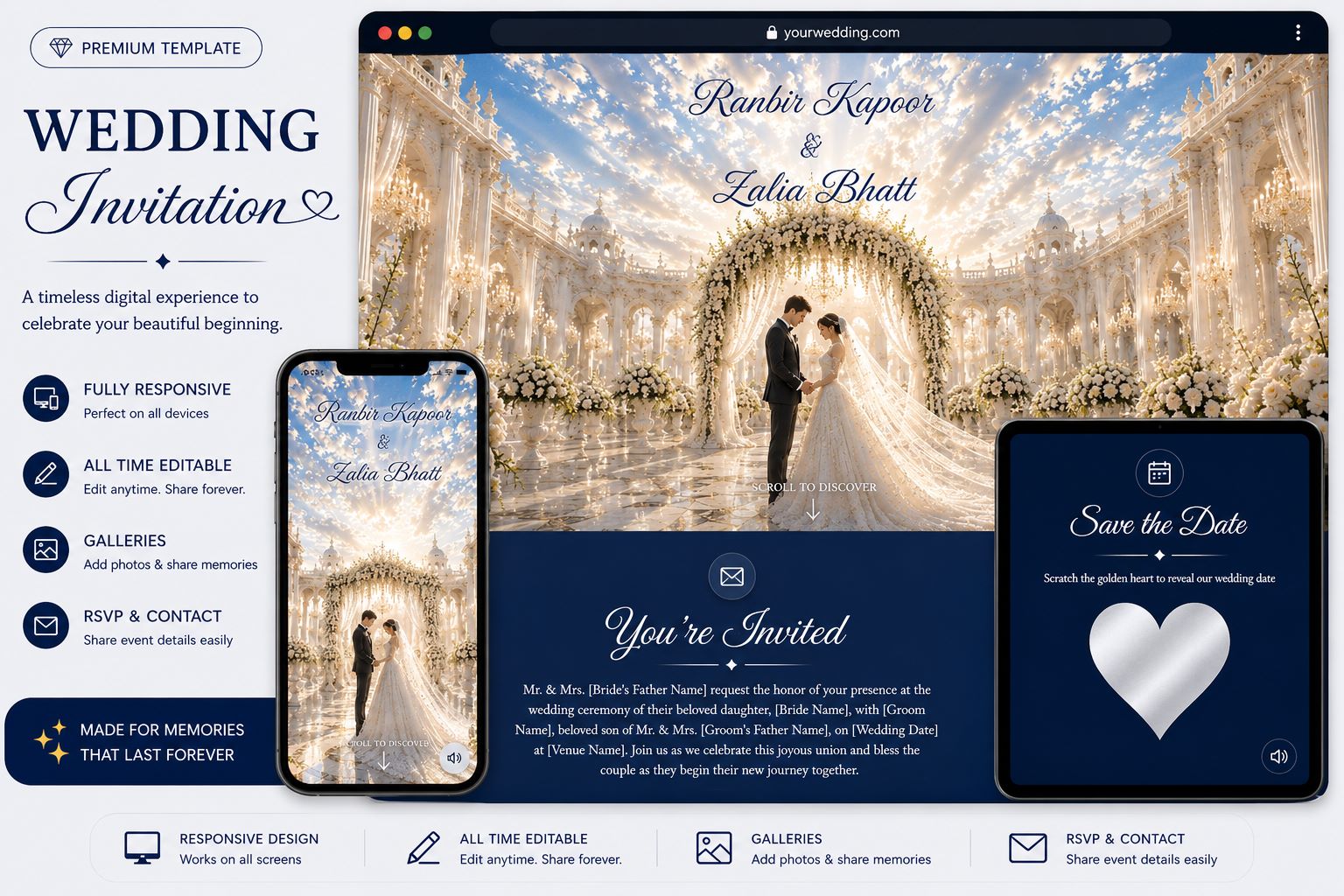 Instant Royal White & Navy Blue Wedding Invitation Website Template with Palace Decor, Floral Design, Photo Galleries, RSVPs & Memories