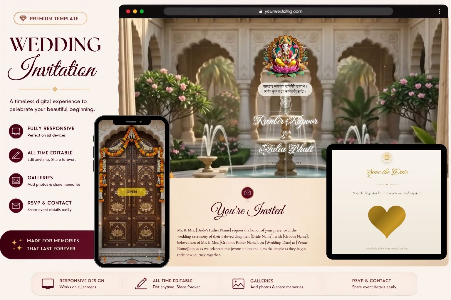 Instant Hindu Wedding Invitation Template with Ganesh Blessings, Traditional Palace Decor, Floral Design, Galleries & RSVPs | Grand Day