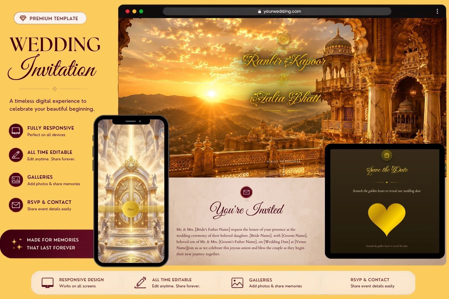Instant Golden Royal Palace Wedding Invitation Website Template with Sunset Theme, Traditional Decor, Photo Galleries, RSVPs & Memories