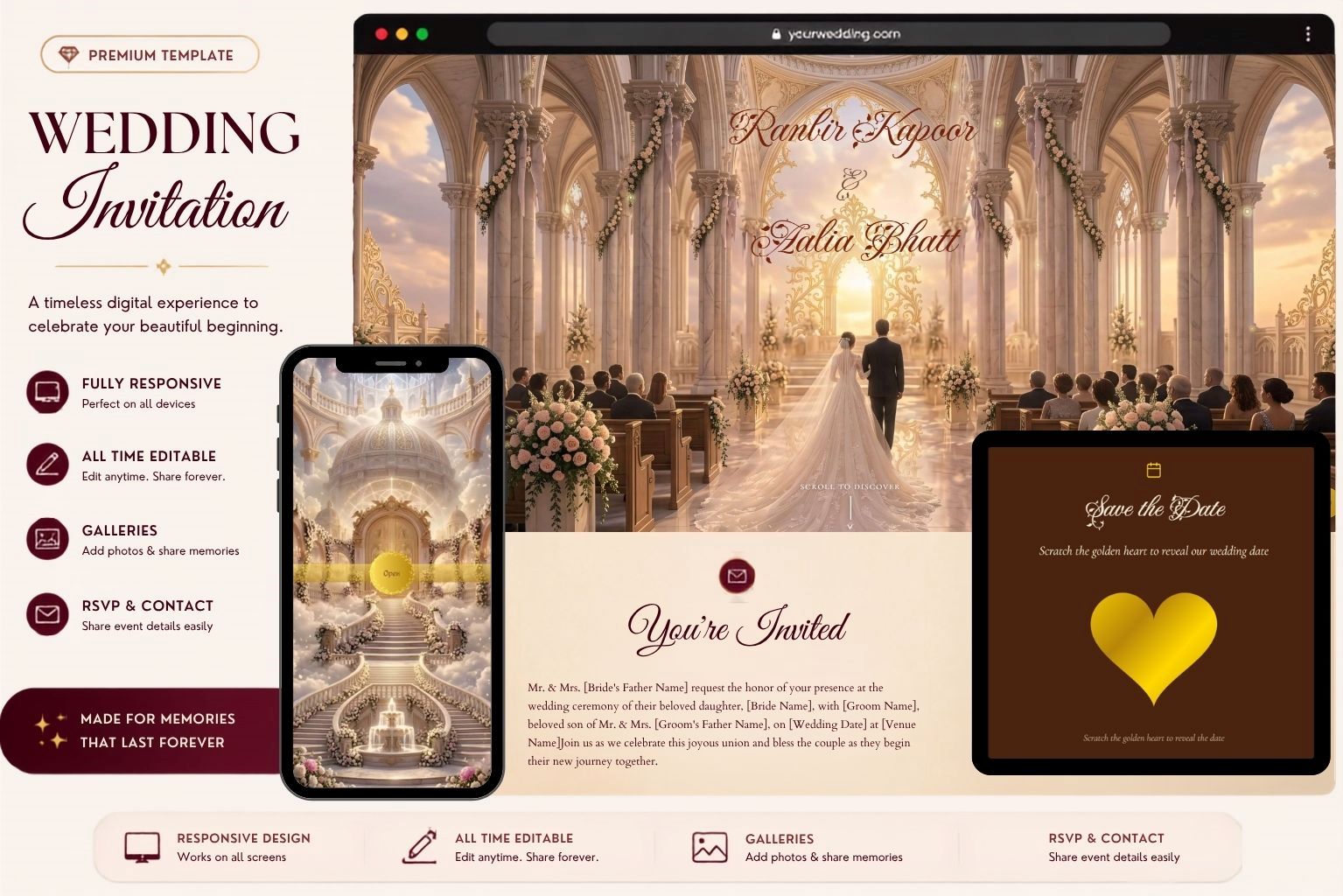 Instant Romantic Cathedral Wedding Invitation Website Template with Floral Decor, Ivory Palace Theme & Art, Photo Gallery, RSVPs & More