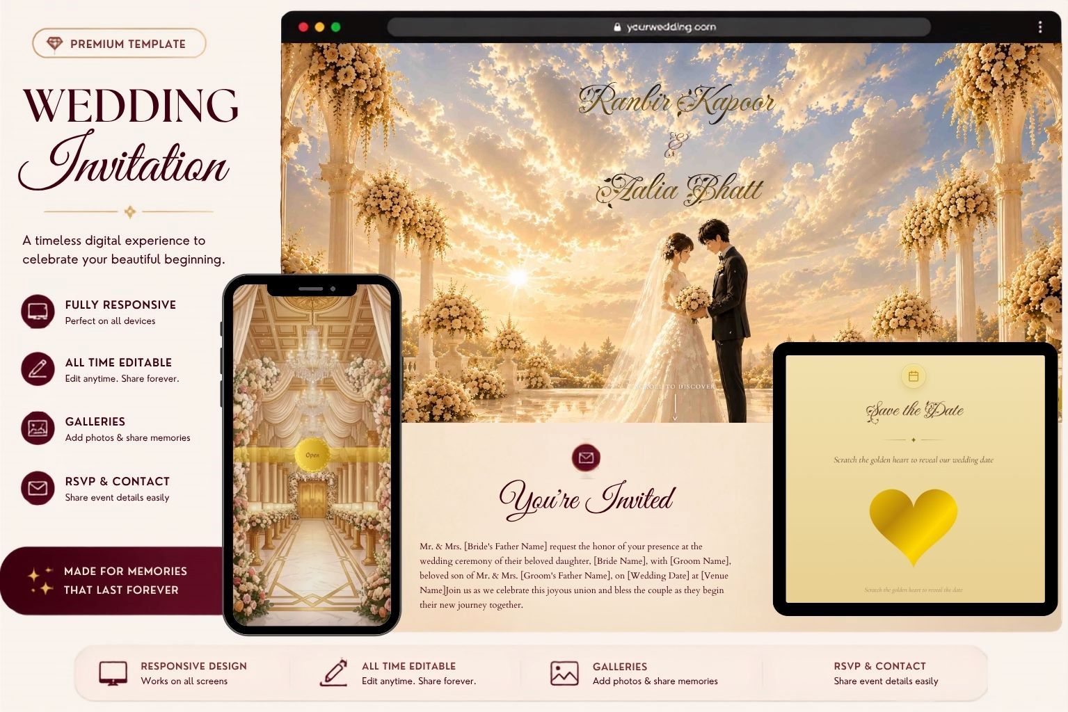 Instant Elegant Champagne Gold Wedding Invitation Website Template with Sunset Floral Decor, Grand Venue, Photo Galleries, RSVPs & More